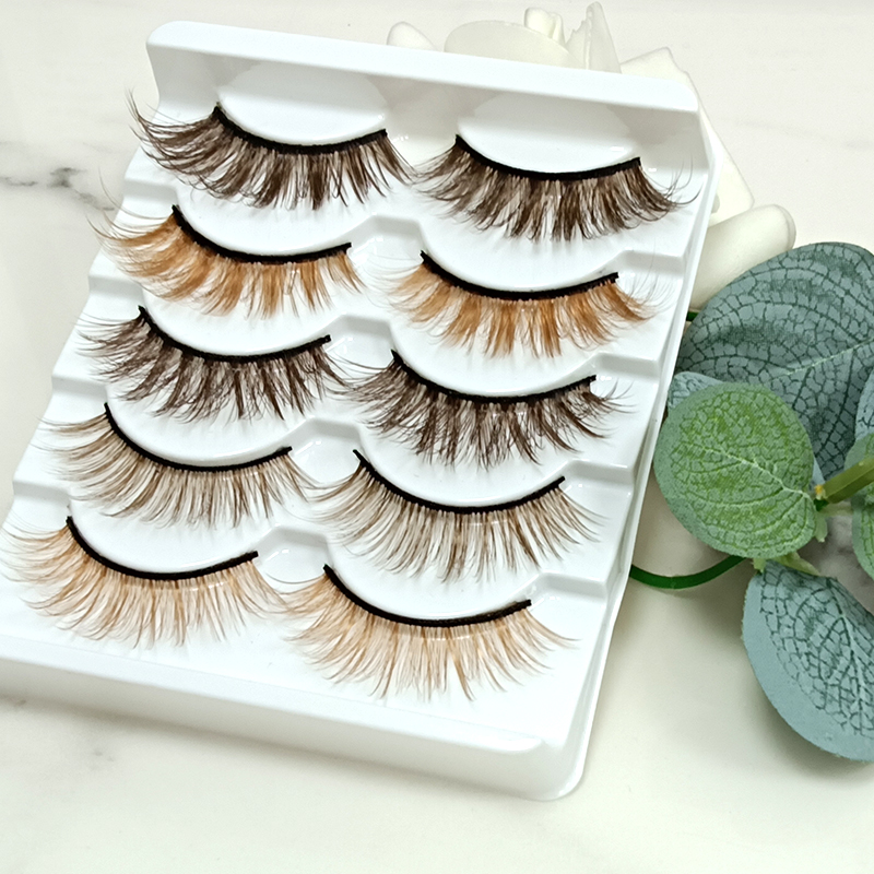 OKAYLASH 5/2 Pairs Dark Light Brown 3D Natural Eyelashes Wholesale Fluffy Blonde Human Hair Lashes Factory Supplier