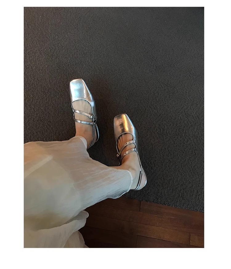 French Low-Heeled Sier Mary Jane Shoes Square Toe Block Heel Sandals Women's Empty Back Sliver
