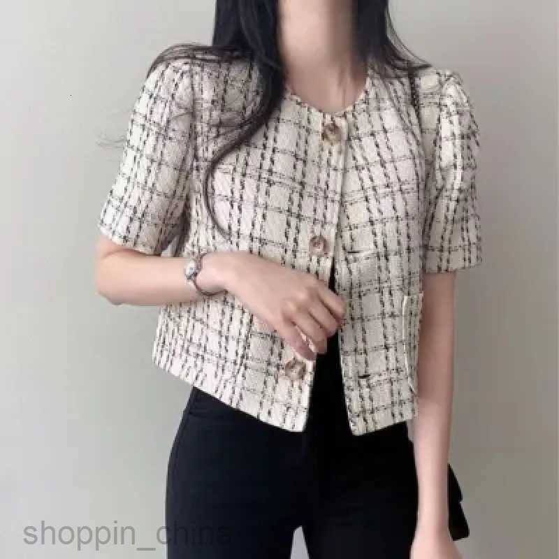 Women Jackets Coats chic small fragrant style round neck single breasted double pocket thick plaid pattern short bubble short sleeved jacket for women