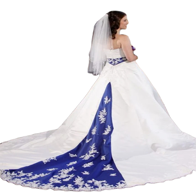 Royal Blue And White Garden Wedding Dresses Lace Appliques Strapless A-Line Satin Country Wedding Gowns 2024 Plus Size Chapel Bride Dress