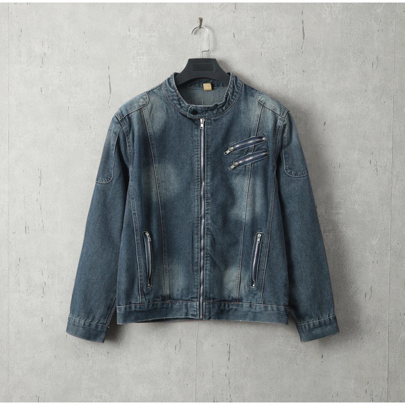 American Jeans Jacket Men Oneck Oversized Vintage Moto Denim Casual Men Outwear Autumn Patchwork Zipper High Street Male Coat 240618