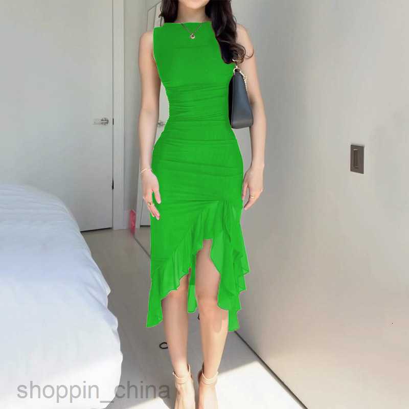 Basic Casual Women Dresses Women's Summer New Fashion Round Neck Waistband Solid Color Tight Dress