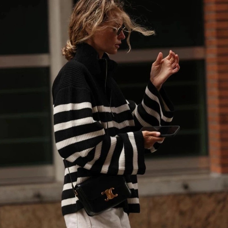Autumn winter new black and white striped semi-turtleneck zipper 100% cashmere coat women's loose lapel sweaterF6.28#51