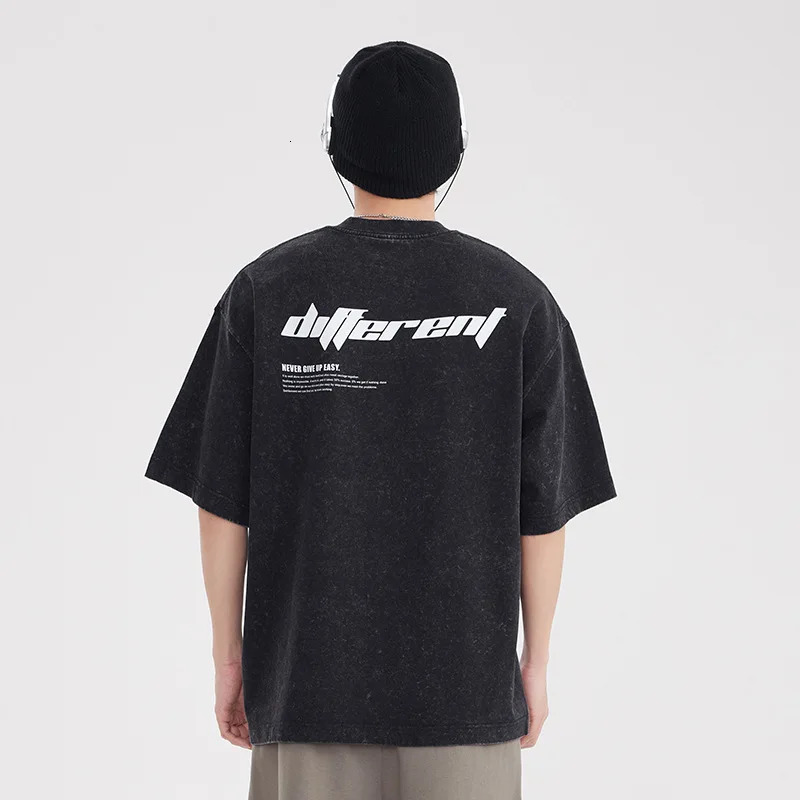 Mens Retro Distressed Letter Printed Shortsleeved Tshirts for Teenagers and Men Trendy Loose Halfsleeved Shirts 240619