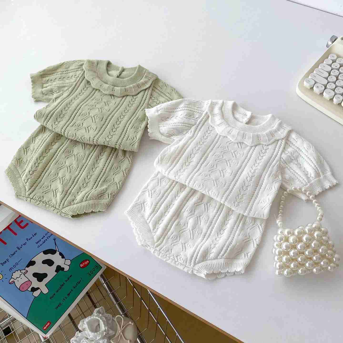 Pajamas Babies Sets New Baby Summer Baby Versatile Hollowing Out Knitting Short sleeved Shorts Two Pieces Girls Simple Fashion 2024 WX5.31