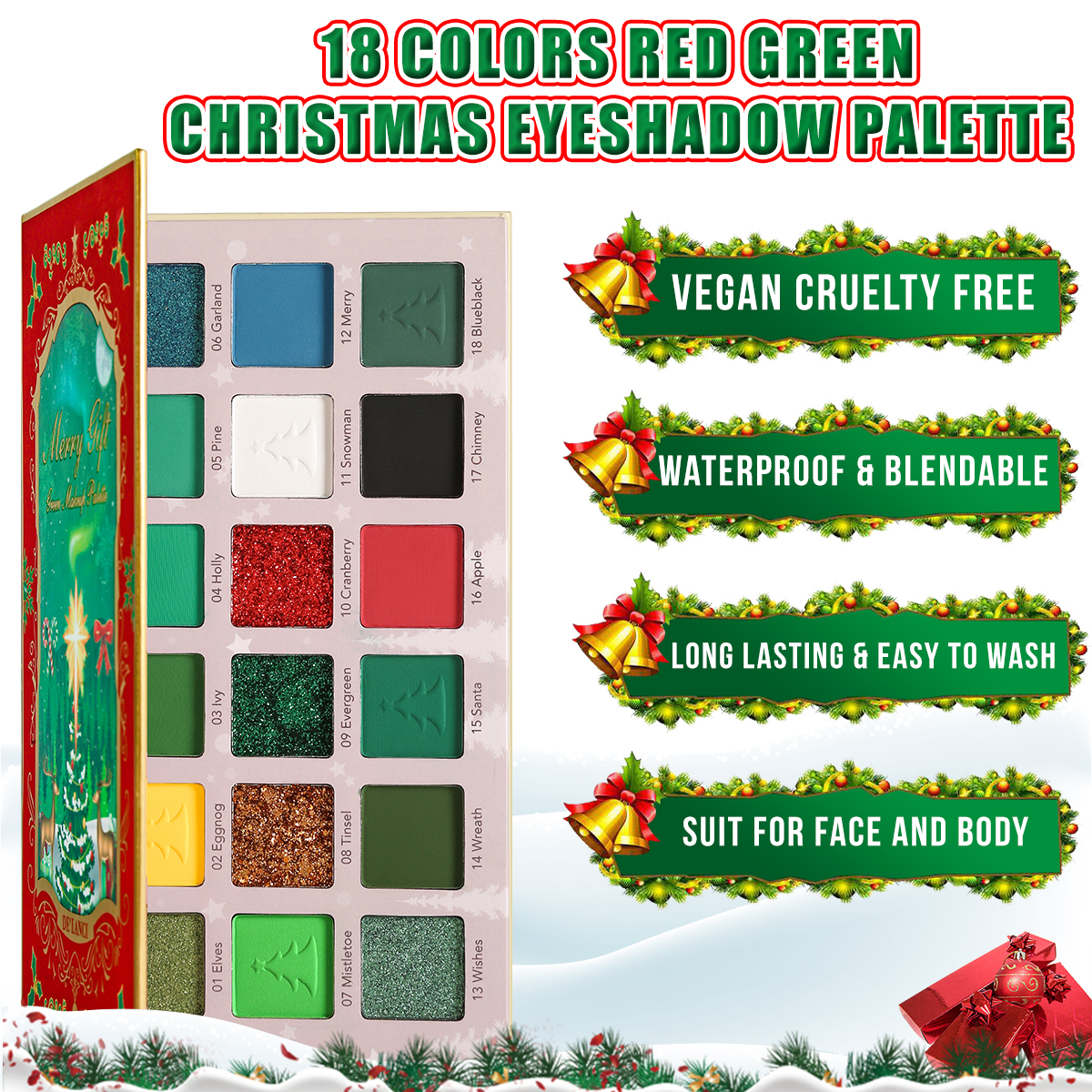 Multichrome Green Eyeshadow Palette,DE'LANCI 18 Colors Highly Pigmented Christmas Makeup Pallet,Green Grinch Eyeshadow Makeup