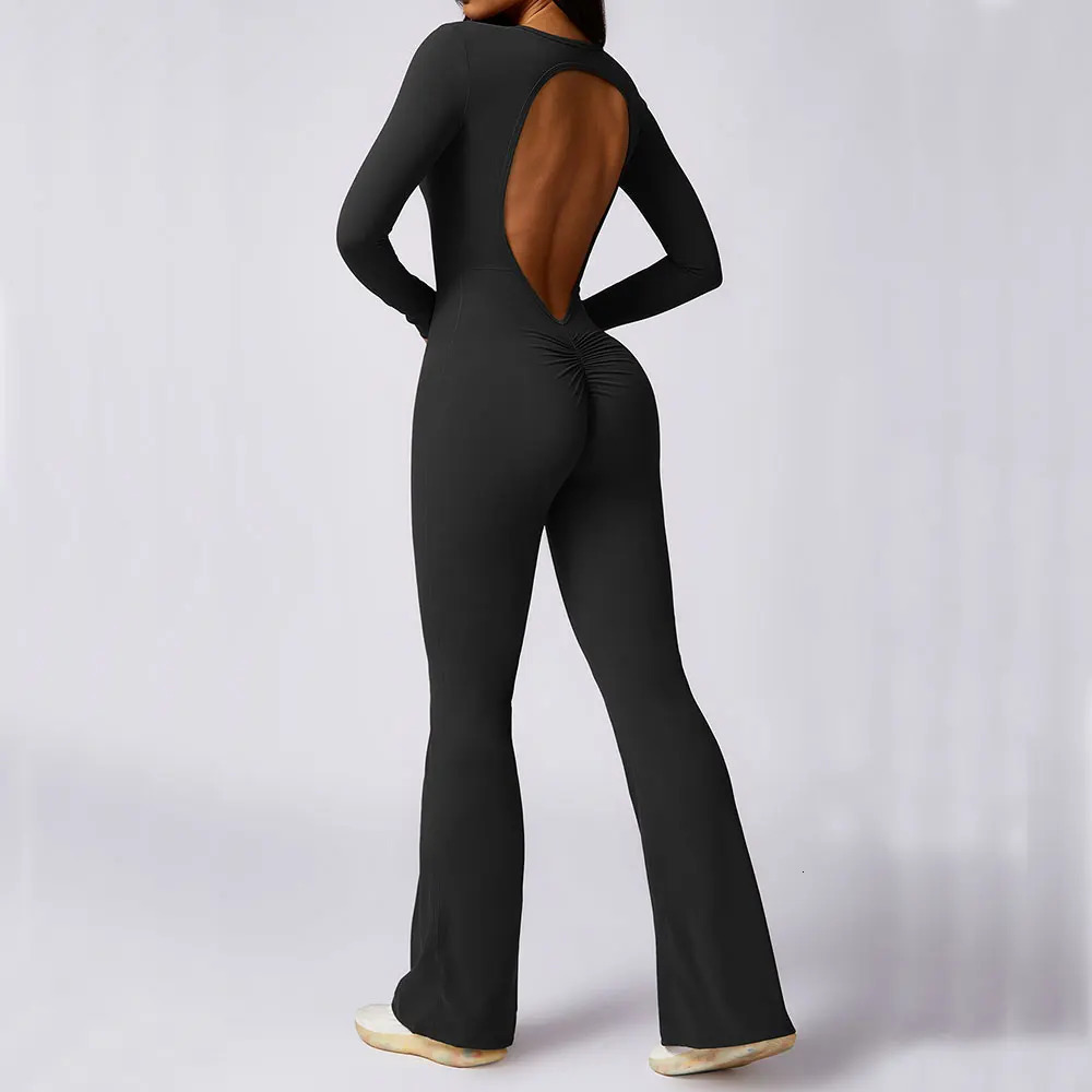 Jumpsuit Long Sleeves Gym Set Womens Yoga Suit Sportswear Women Sports Flared Pants Fitness Rompers Stretch Workout Bodysuits 240627
