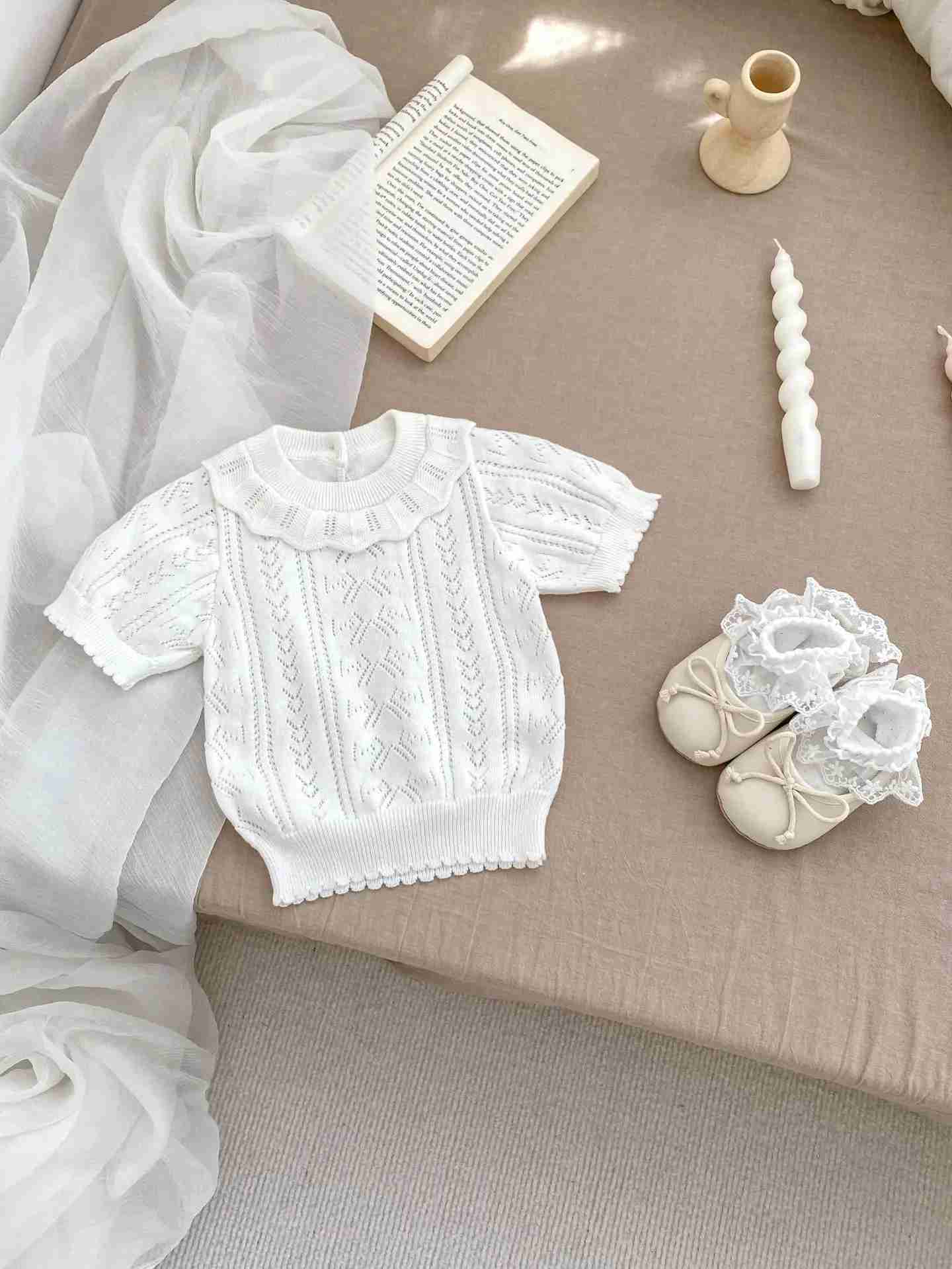 Pajamas Babies Sets New Baby Summer Baby Versatile Hollowing Out Knitting Short sleeved Shorts Two Pieces Girls Simple Fashion 2024 WX5.31