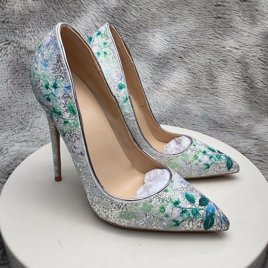 Noenname_Null- Wedding 2024 New Sier Rhinestone Sequined High Heels Female Stiletto Bridal Shoes 12Cm