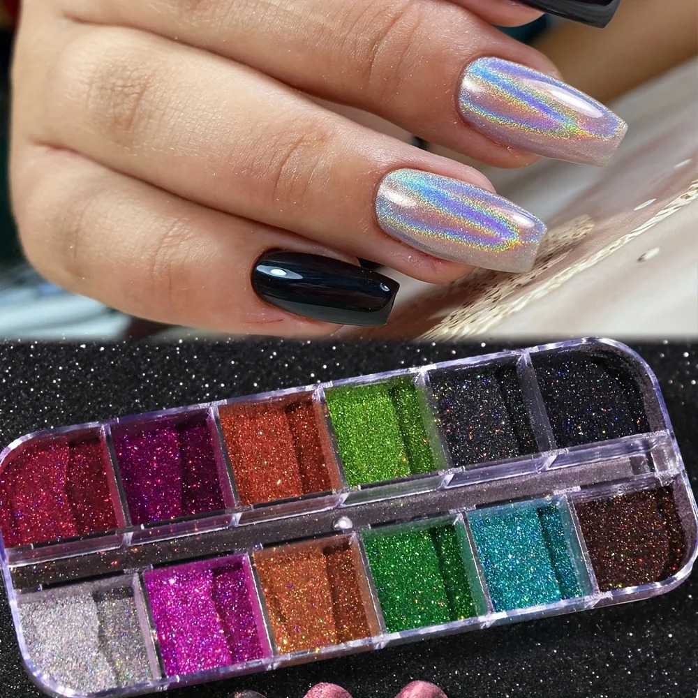Holographic Powder Set Holo Silver Rub Dust Black Pink Chrome Nail Glitter Powder Laser Pigment For Nail DIY Manicure 240627