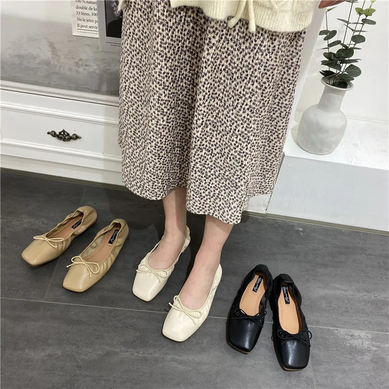 Bow-Knot grandma shoes women ballerina shallow loafers elastic pleated ballet flats woman square toe soft botton moccasins femme 240627