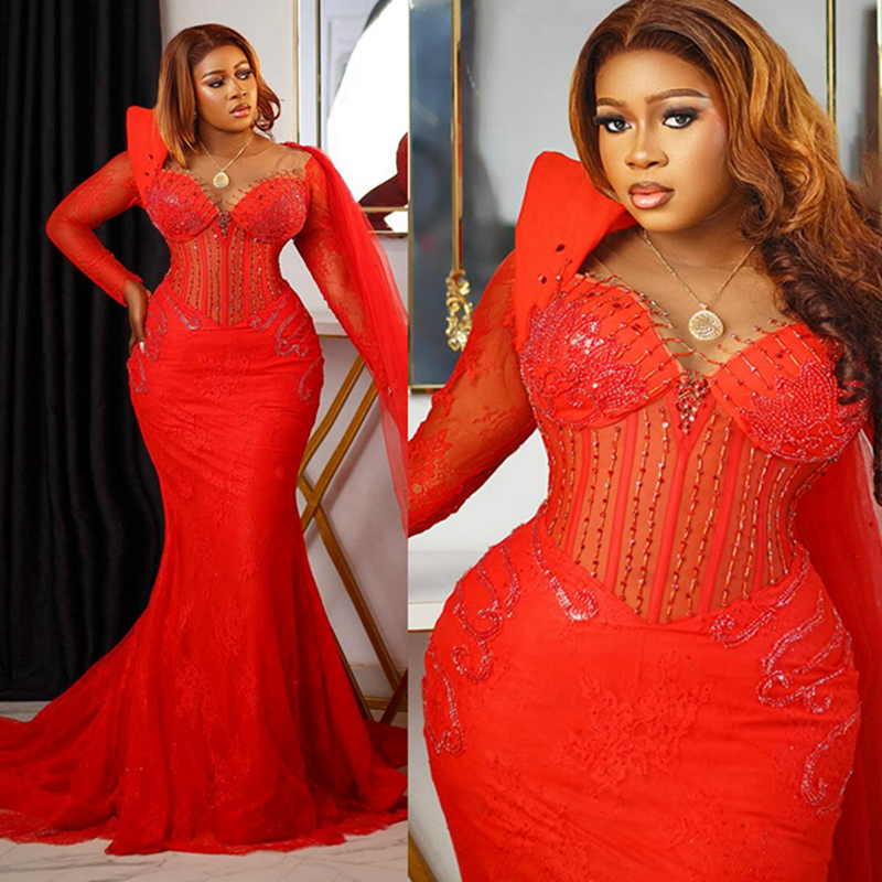 2024 Plus Size Red Prom Dresses for Special Occasions Mermaid Promdress Long Sleeves Sheer Neck Beaded Birthday Dress With Wrap Second Reception Gowns