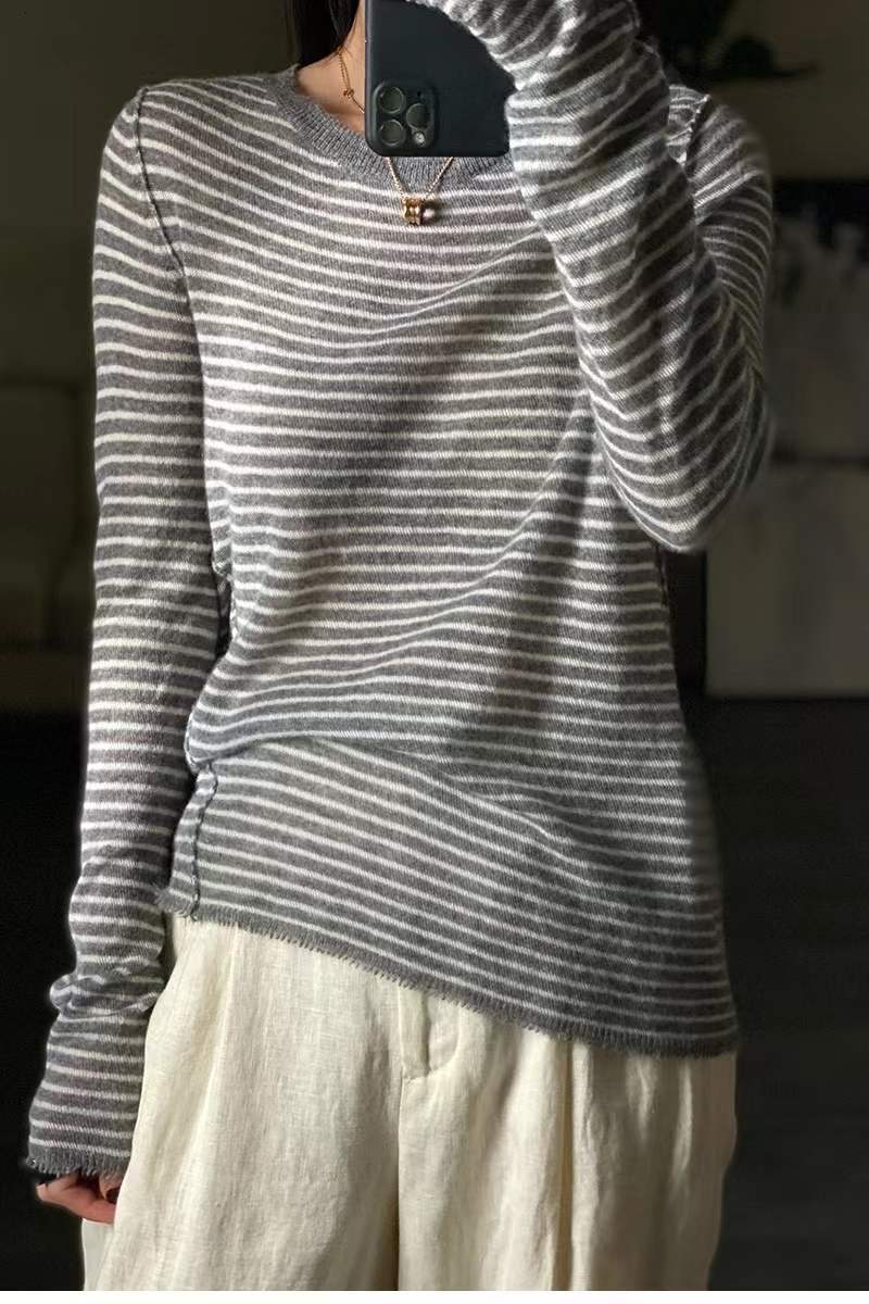 European goods 100% pure wool female spring autumn thin crewneck striped knit cashmere sweaterF6.28#50