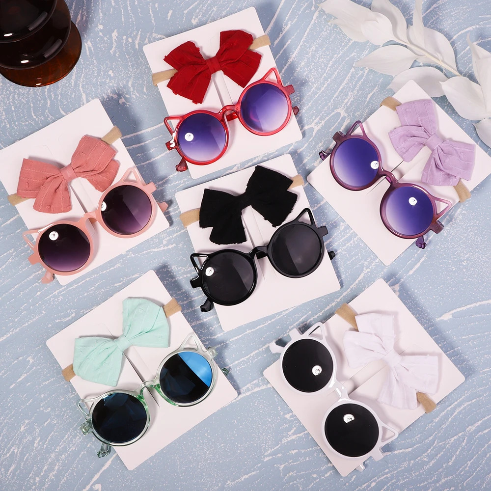 2PcsPack Vintage Kids Summer Bows Headband Round Sunglasses Children Sun Glasses Protection Baby Hair Accessories 240625