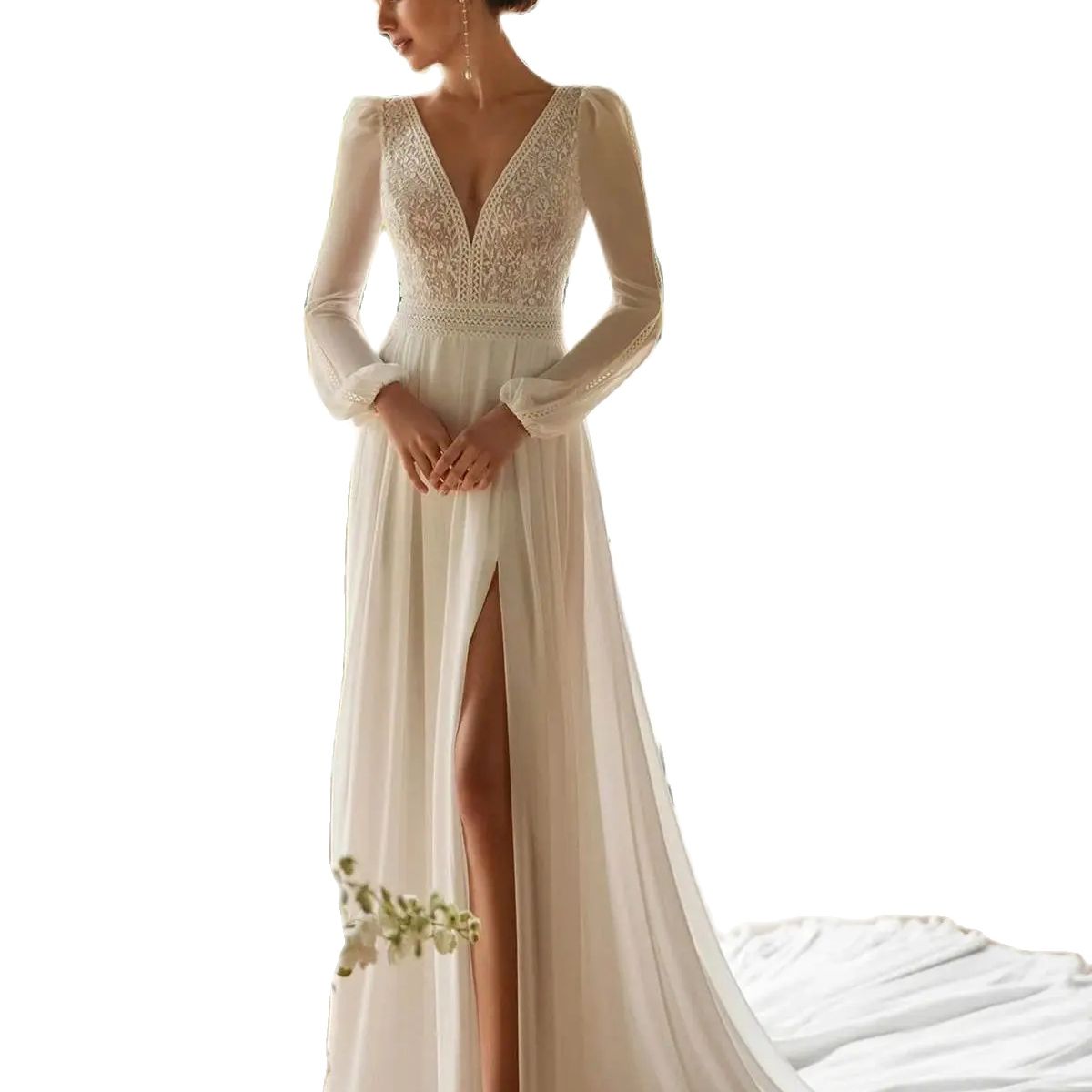 Bohemian A Line Wedding Dresses V Neck Long Sleeve Chiffon Wedding Gowns Lace Appliques Brides Dresses Robes De
