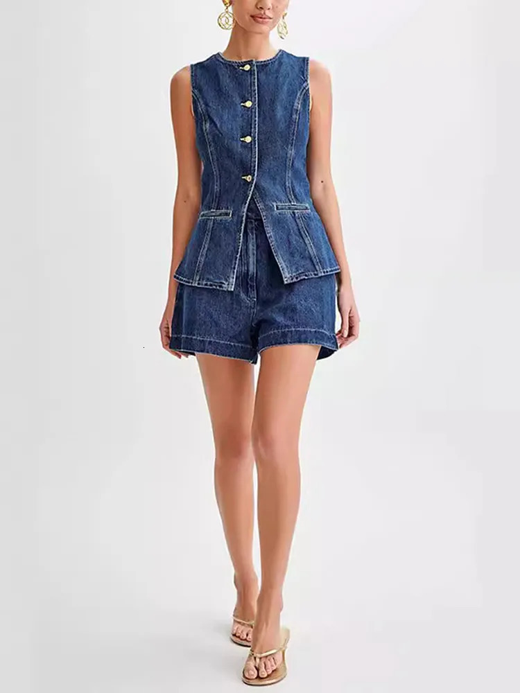 Fashion Denim Shorts Outfits Women Elegant O Neck Sleeveless Singlebreasted Split Top Highwaisted Short Set Lady Street Suit 240618