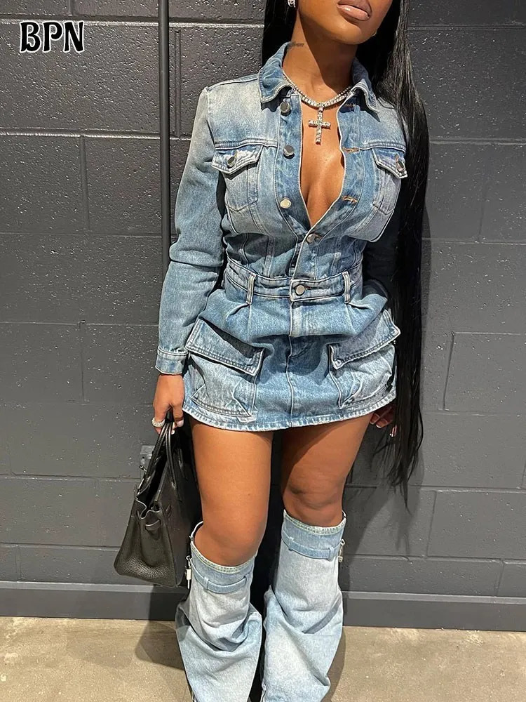 BPN Denim Two Piece Set For Women Lapel Long Sleeve Single Breasted Tops High Waist Spliced Pocket Skirt Slim Sets Female Style 240627