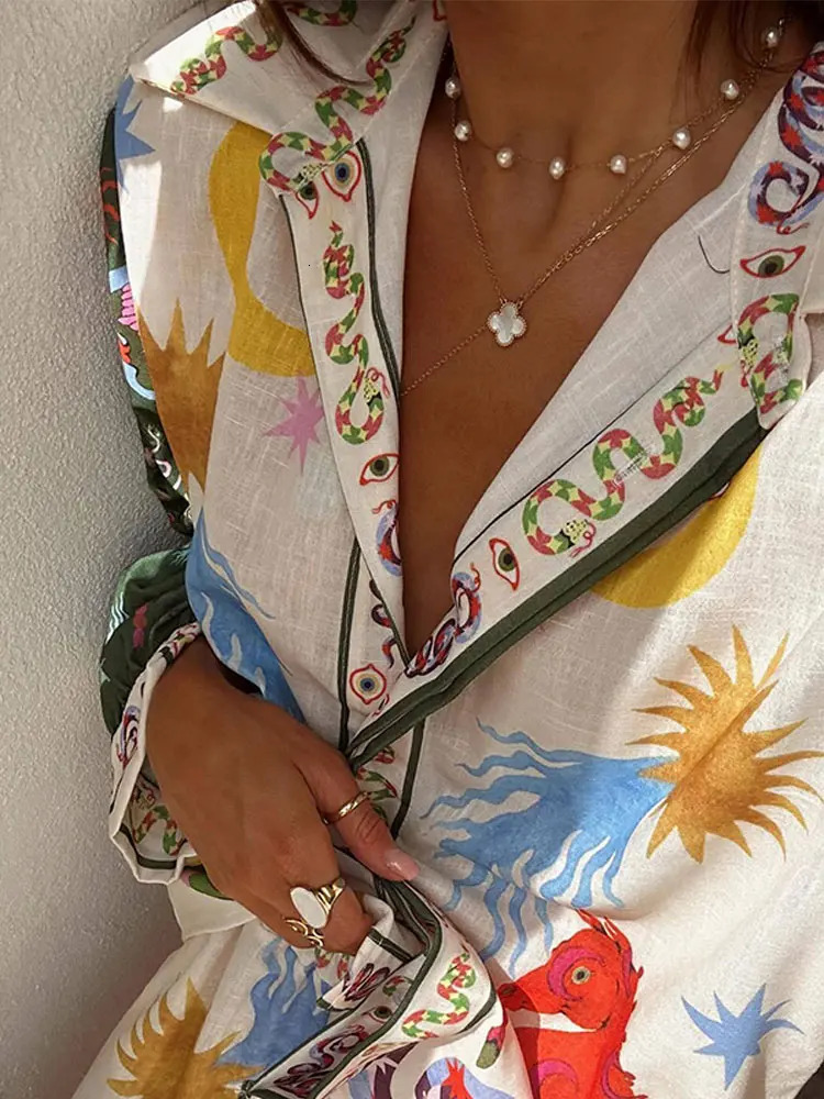 Fashion Lapel Button Print Shirt Suits For Women Causal Loose Wide Leg Pants 2 Piece Sets Summer High Street Female Outfits 240617wtt