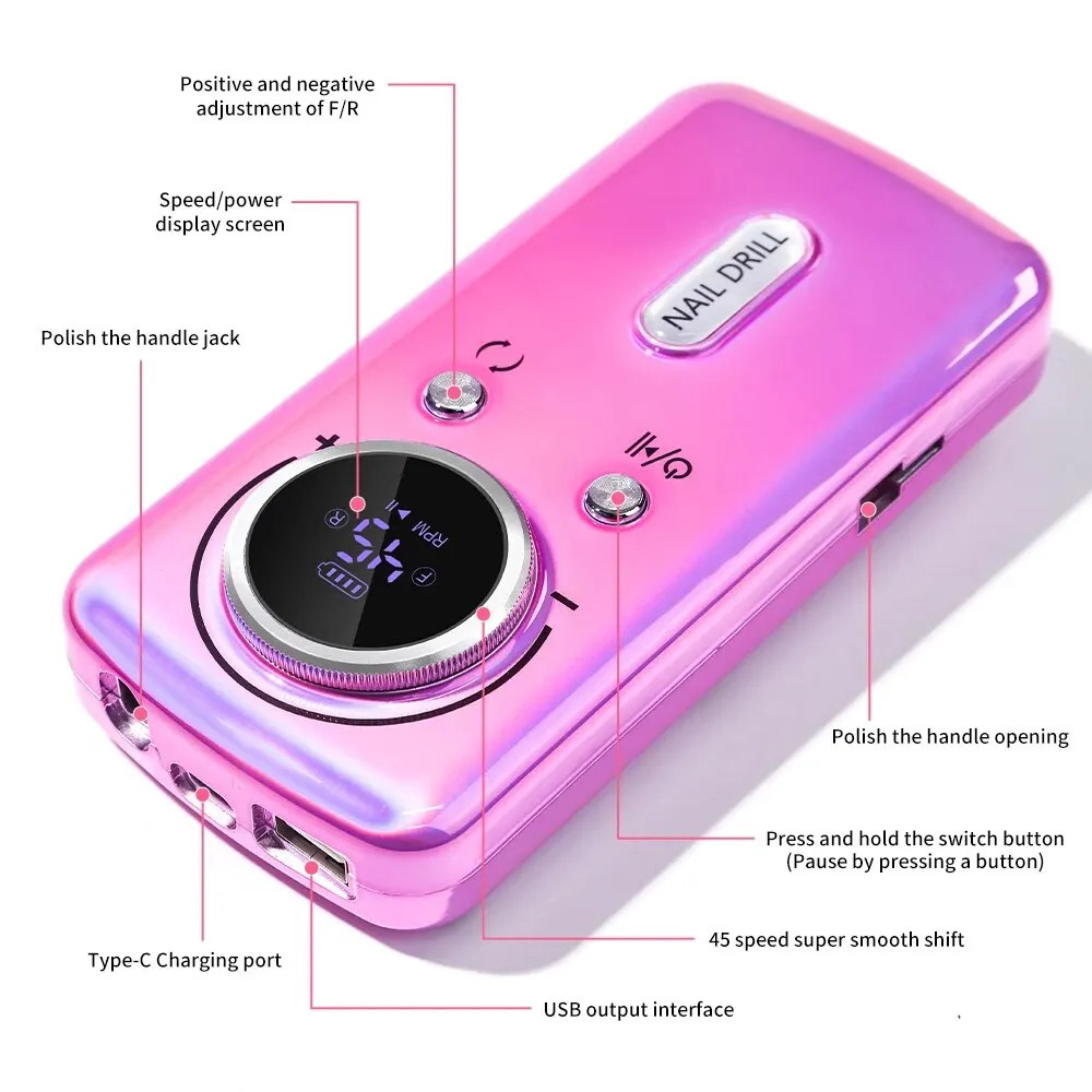 45000RPM Rechargeable Nail Drill Machine with LCD Low Noise Professional Nail Polish Sander for Manicure Nails Accessories Set 240627