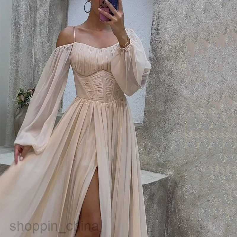 Basic Casual Women Dresses Women's new summer casual bubble long sleeved collar slit dress