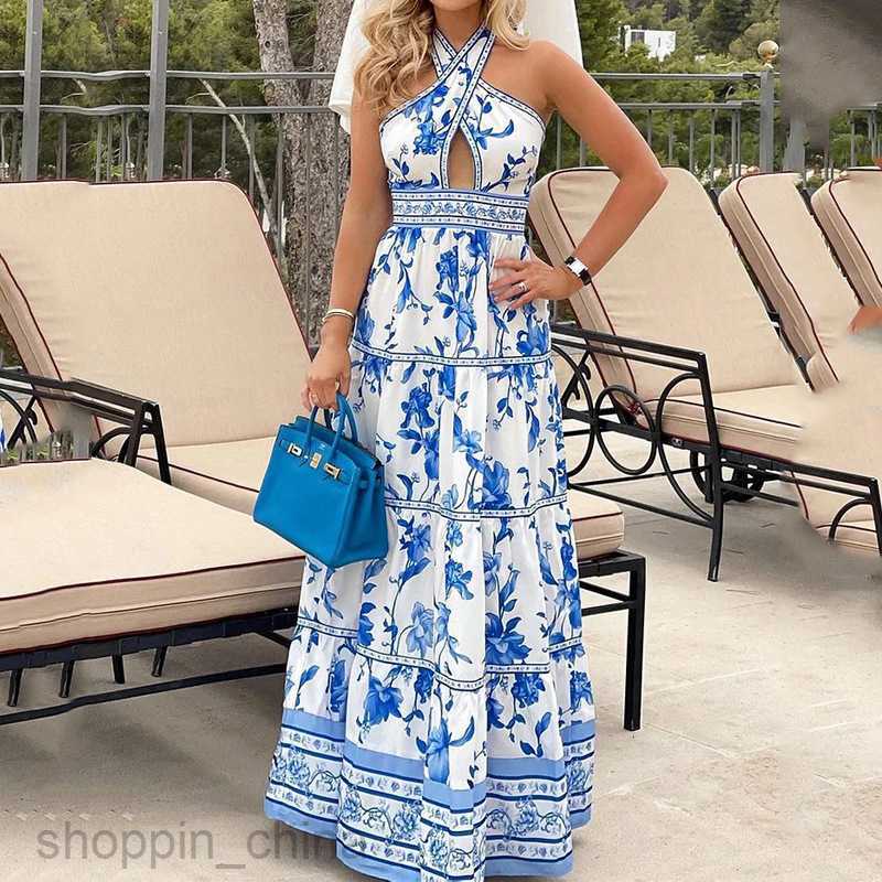 Basic Casual Women Dresses Women's New Summer Leisure Vacation Hanging Neck Printed Hollow Dress