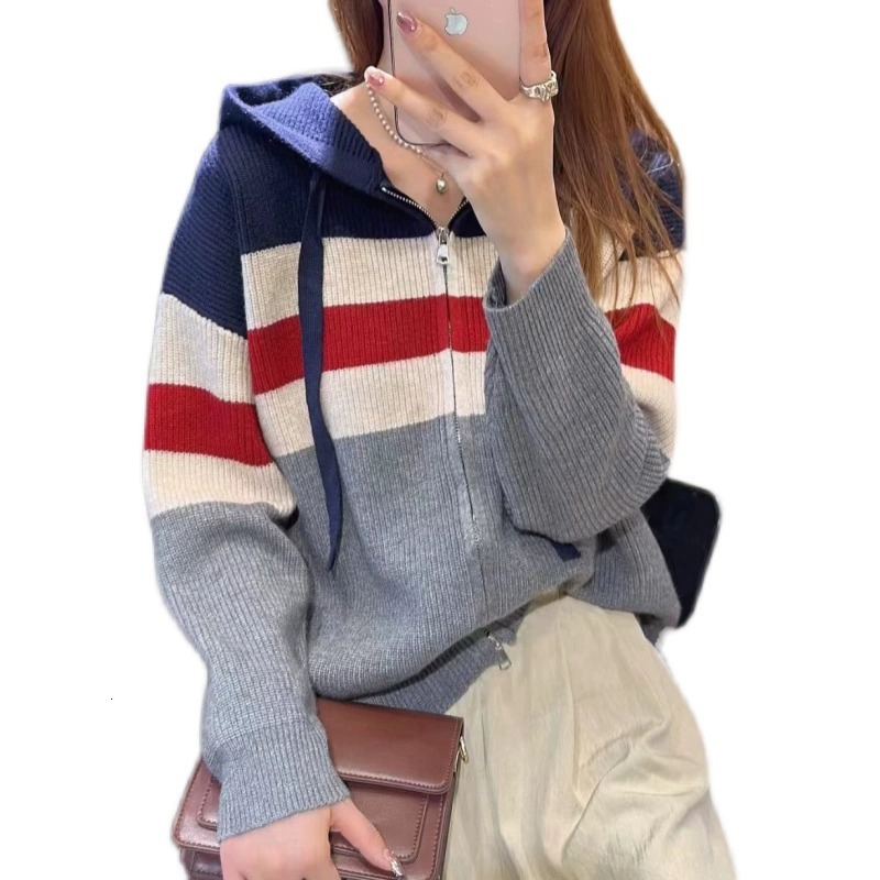 Western style striped double zipper hooded cashmere knit cardigan coat women spring and autumn loose wool hoodie F6.28#97.5