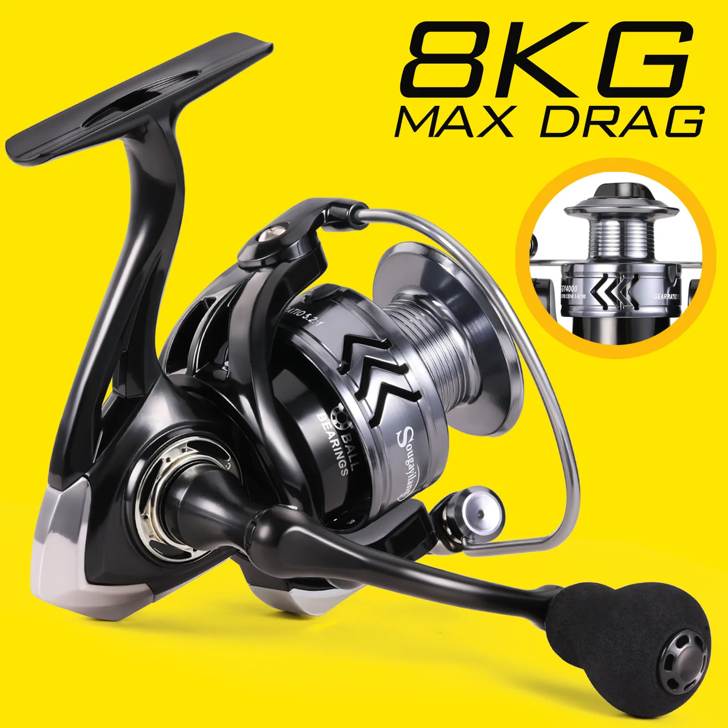 Sougayilang Spinning Fishing Reel 5.2:1 Gear Ratio Aluminum Spool with EVA Handle Max Drag 8kg for Carp Fishing Bass Fishing