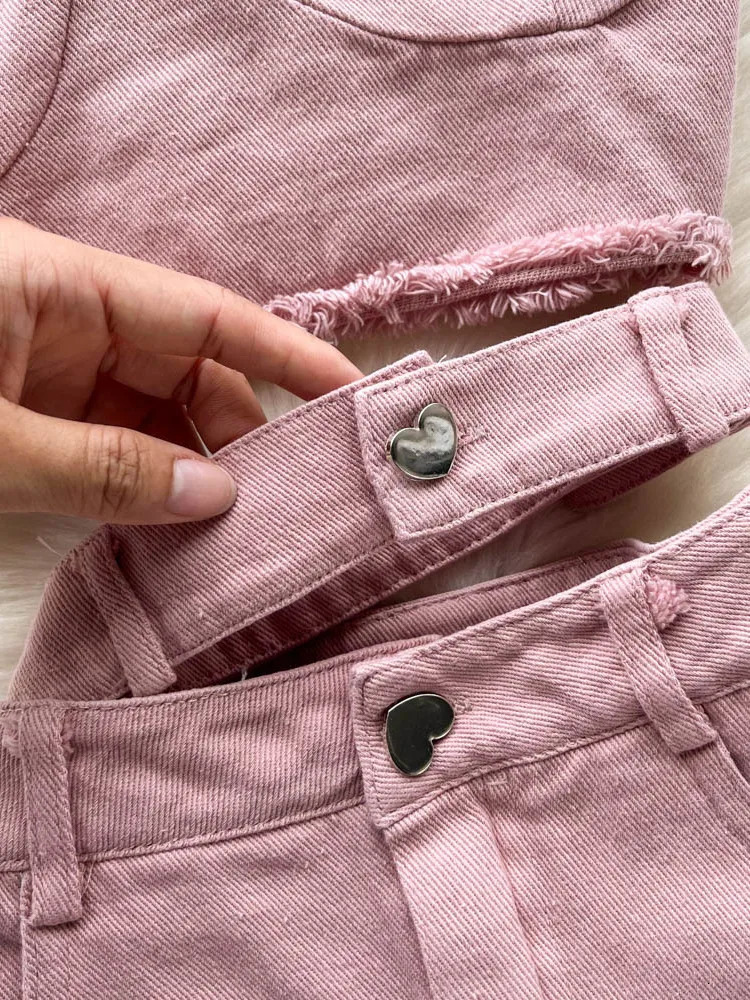 Summer Pink Denim Sexy Women Sets Elegant Zipper Suspenders Tops Sashes Button Pocket Irregular Slash Neck Slim Two Piece Set 240627