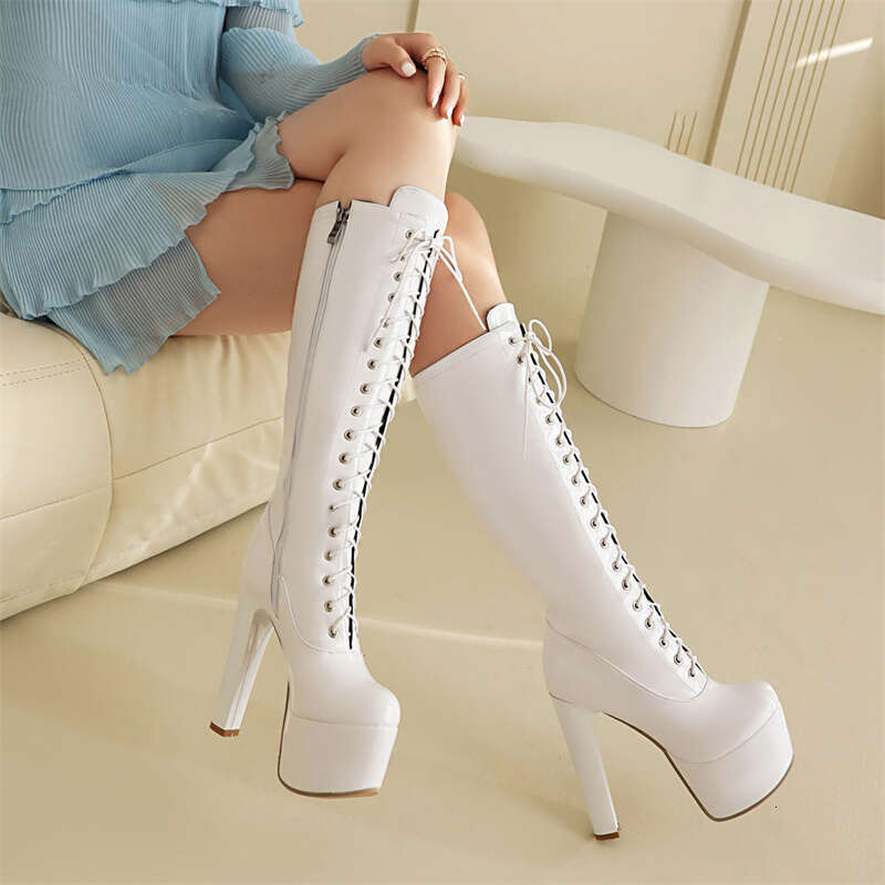 Red Knee Boots Women Platform Sexy White Black Heels Women's Winter High Boot Party Dance Shoes Ladies Large Size 46