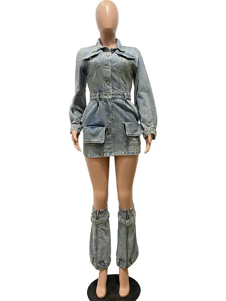 BPN Denim Two Piece Set For Women Lapel Long Sleeve Single Breasted Tops High Waist Spliced Pocket Skirt Slim Sets Female Style 240627