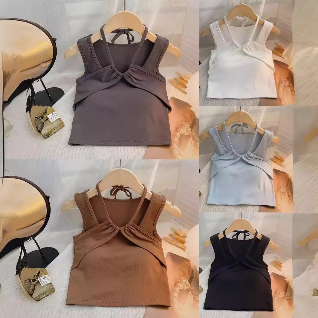 teenage girls halter tank top hanging neck camisole crop top vest kids clothes underwear pleated streetwear 3 to 16 yrs 240627