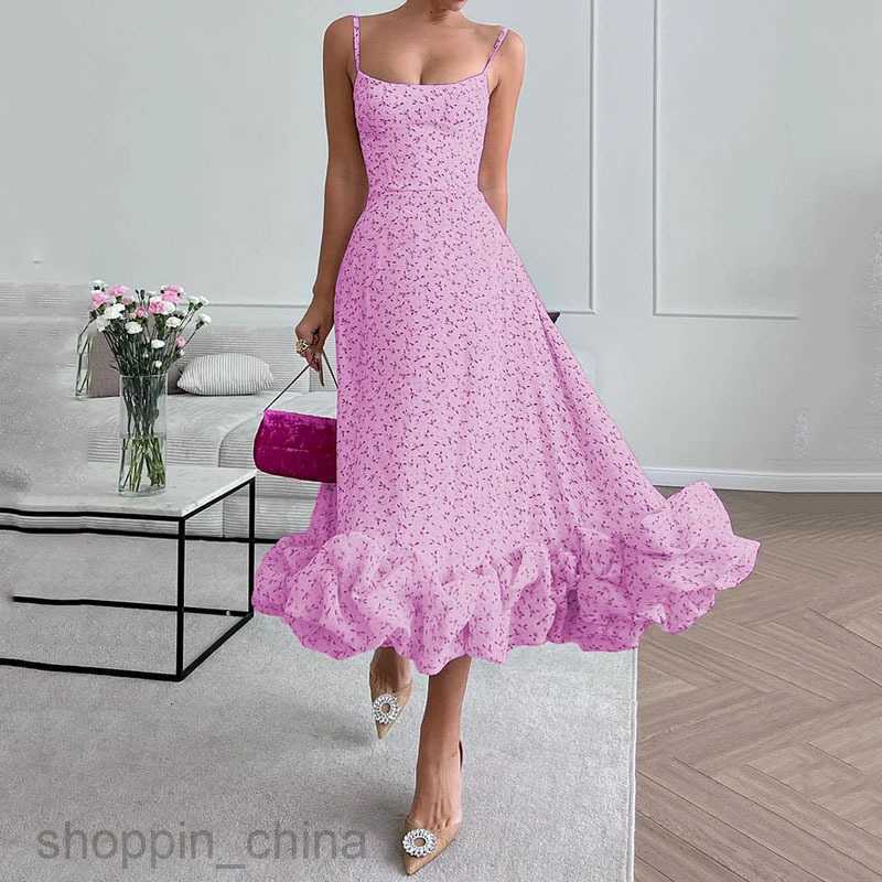 Basic Casual Women Dresses Summer Fashionable New Sling Low Neck Sleeveless Waist Wrap Printed Large Swing Skirt Women's Long Dress