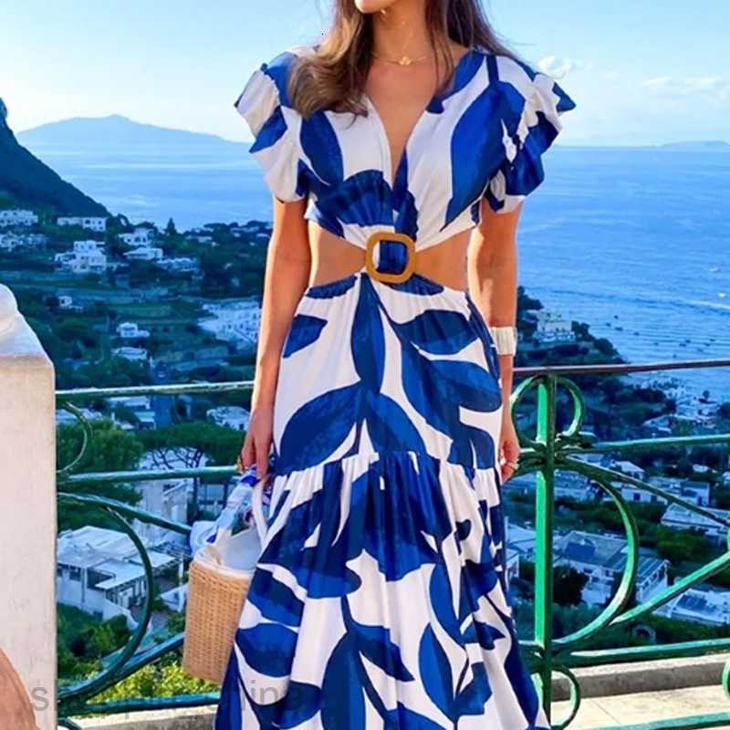 Basic Casual Women Dresses Fashion Women's New Short sleeved Waist Leakage Printed Dress