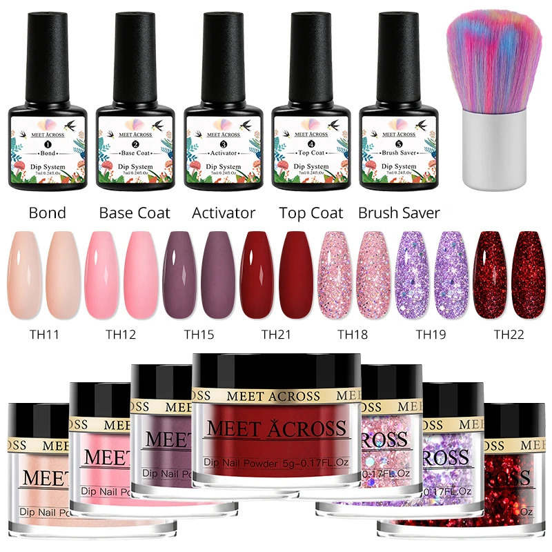 MEET ACROSS Glitter Dipping Powder Nail Kit Dipping Nail Powder System Set Dust Natural Dry Nail Art DIY Decoration For Manicure 240627