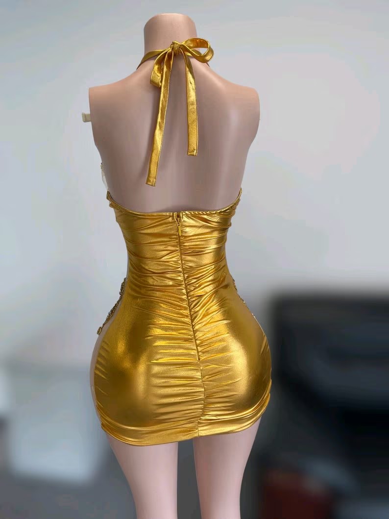 Halter Gold Short Prom Dresses For Black Girls Luxury See Through African American Cocktail Dresses Birthday Party Homecoming Gowns