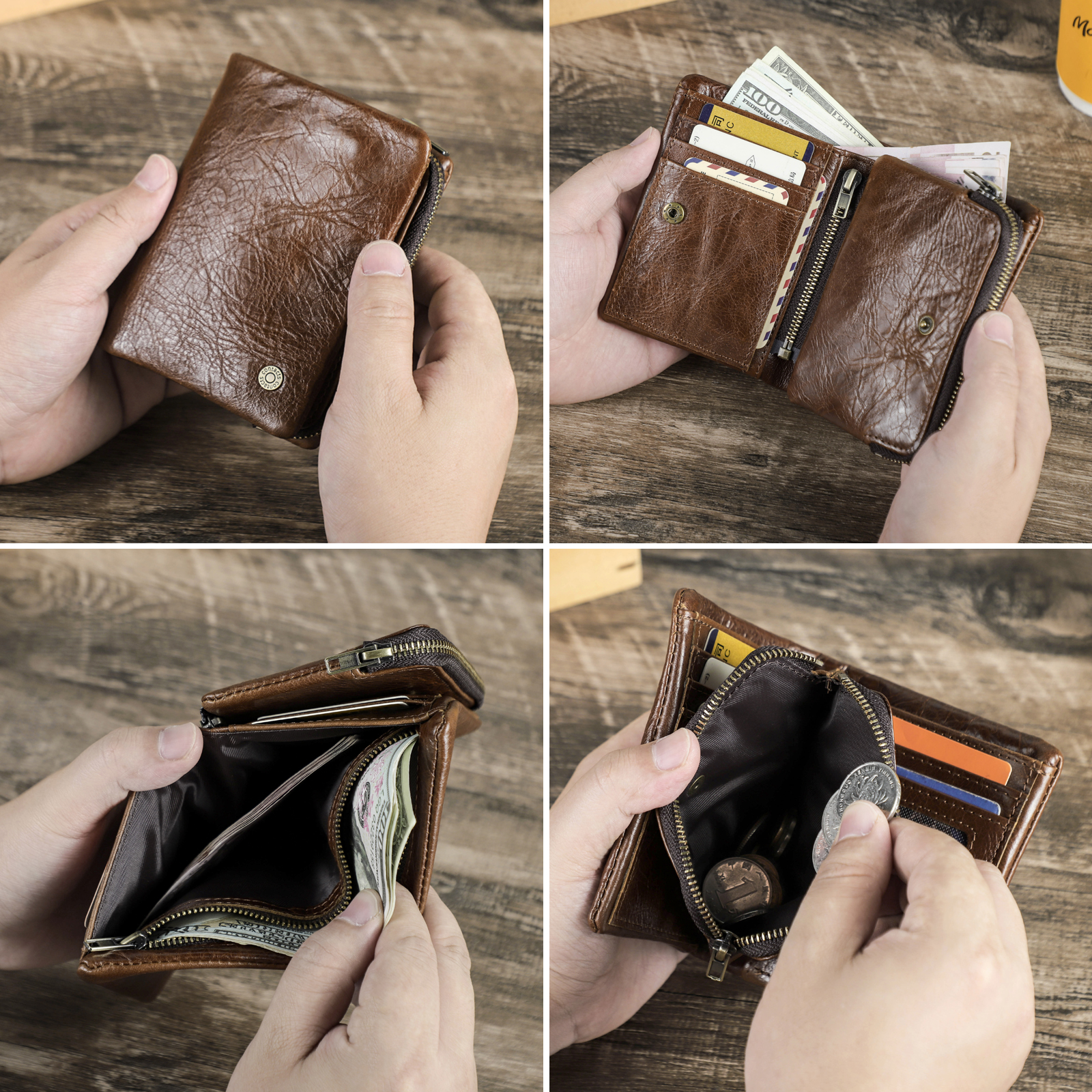 CONTACT'S Genuine Leather Wallets for Men Short Bifold Casual Men's Purses RFID Card Holders Coin Purses Money Clip Men Wallet