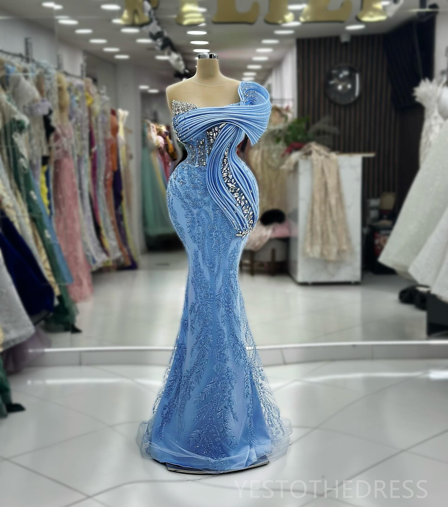 2024 Blue Mermaid Prom Dress Illusion Promdress Evening Formal Gowns for Special Occasion Beaded Rhinestones Lace Birthday Dress Second Reception Gown