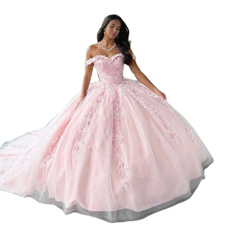 Light Pink Princess Quinceanera Dresses Lace Appliques Off Shoulder Ball Gown Court Train Birthday Special Occasion Gowns Pluffy Prom Sweet 16 Dress