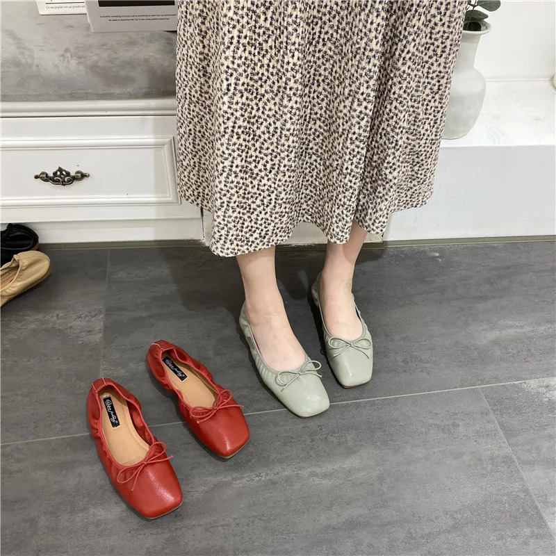 Bow-Knot grandma shoes women ballerina shallow loafers elastic pleated ballet flats woman square toe soft botton moccasins femme 240627