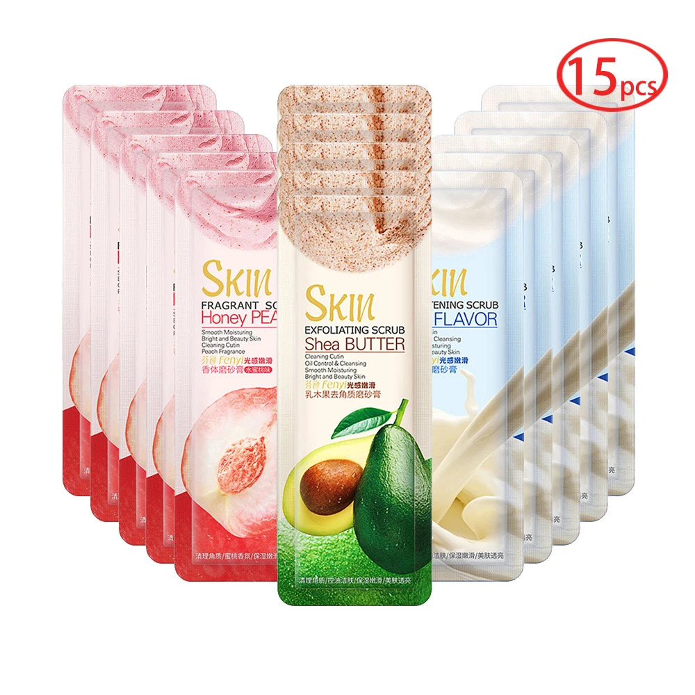 FENYI 15pcs Shea Butter Body Scrub Face Exfoliating Peach Extract Deep Cleansing Moisturizer Soft Whitening Skin Care Body Care 240627