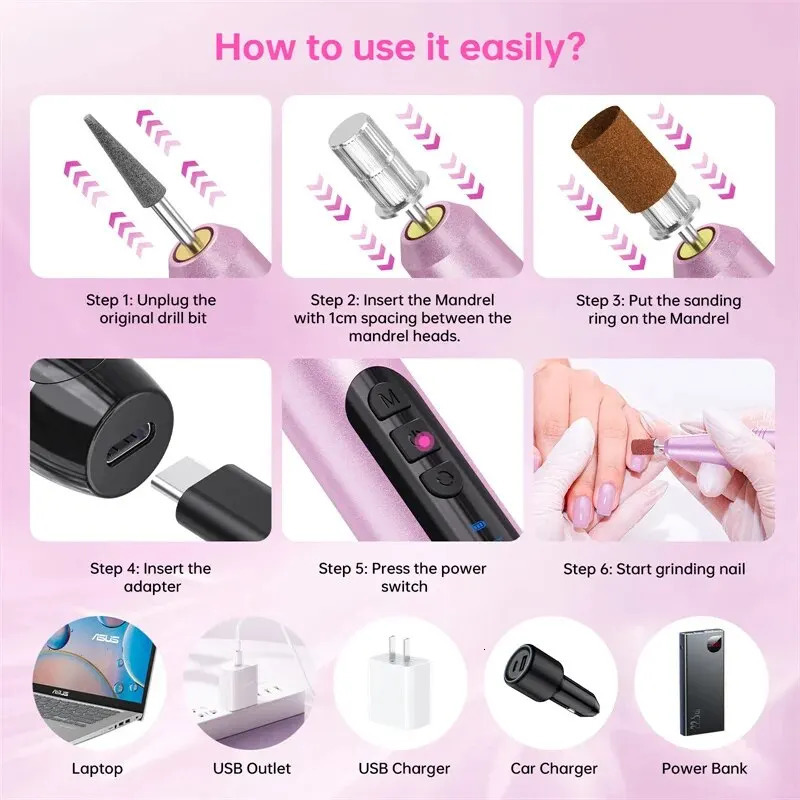 Electric Nail Drill Polish Machine for Acrylic Gel Nails Professional Manicure Pedicure Nail Polish Tools with 6 Nail Drill Bits 240627