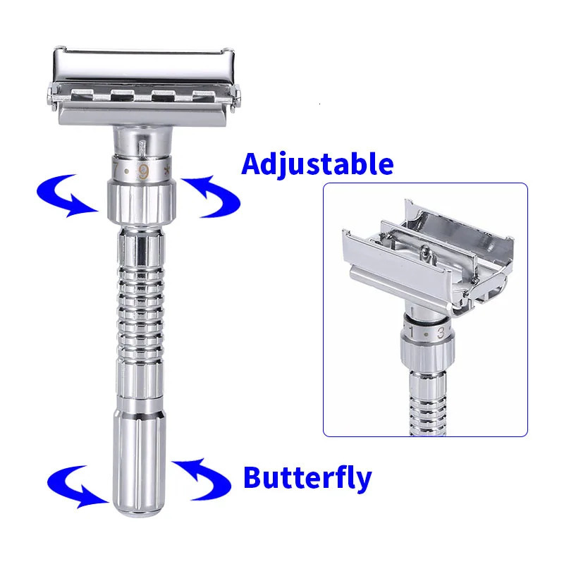 Adjustable Double Edge Shaving Safety Razor Shaver Blades Zinc Alloy Chrome Razors With 5 Blades 240627