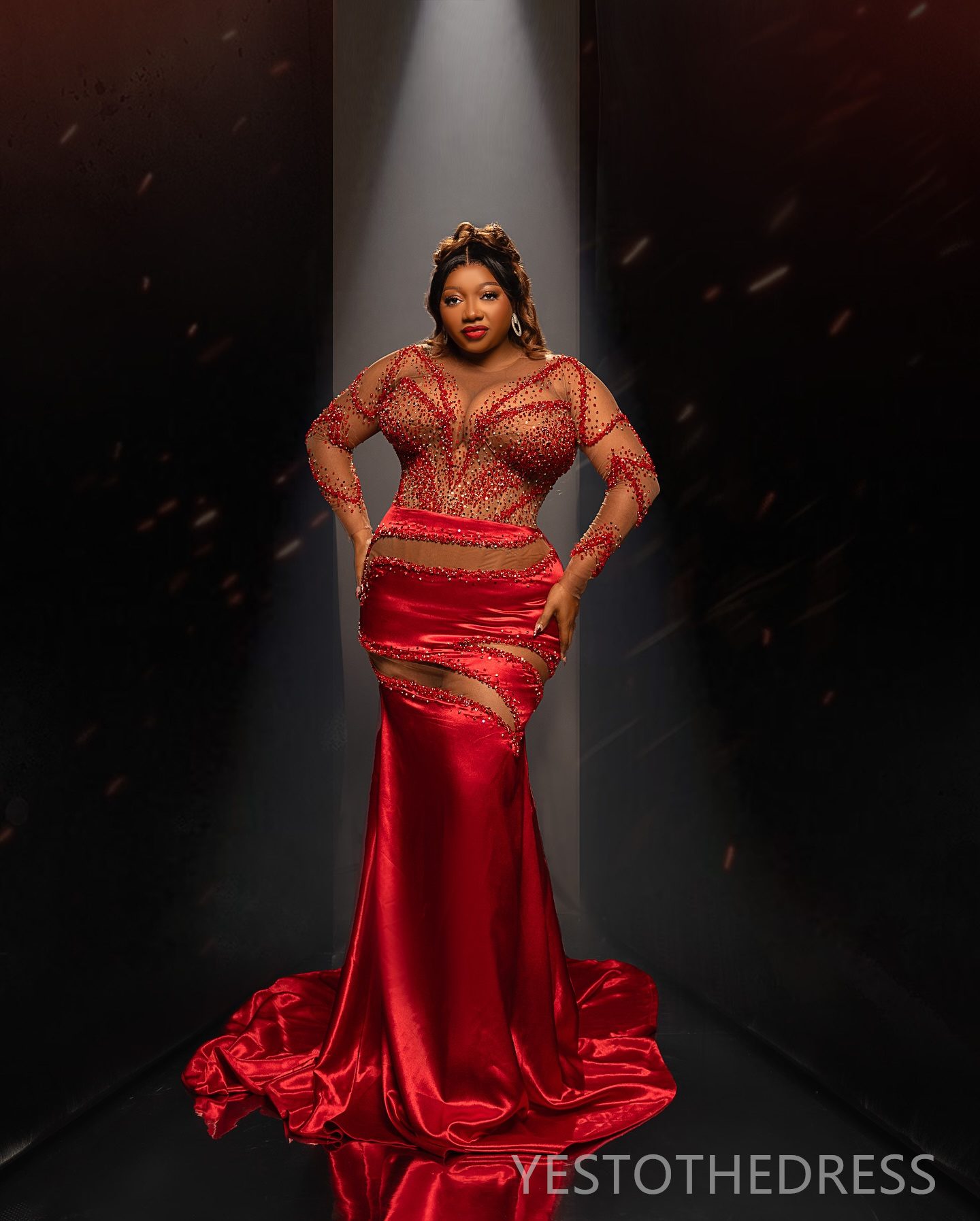 R&W 2024 Plus Size Red Prom Dresses for Special Ocns Mermaid Promdress Long Sleeves Sheer Neck Beaded Birthday Dress Engagement Second Reception Gowns