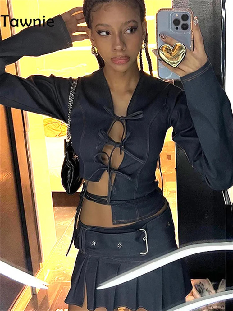 Tawnie Skirt Sets Denim Suit Sexy Crop Top And Mini Hollow Out Tie Up Split Long Sleeve Autumn Women Streetwear Club 240627