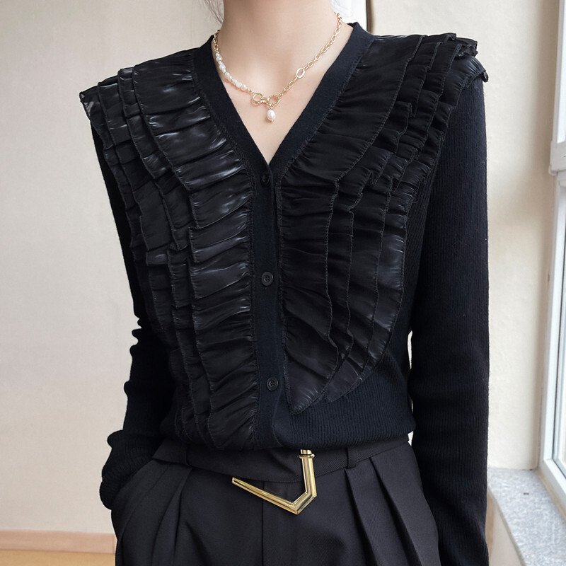100 pure woolen women's loose V-neck base top black style small blouse organza peplum cashmere sweaterF6.28#64