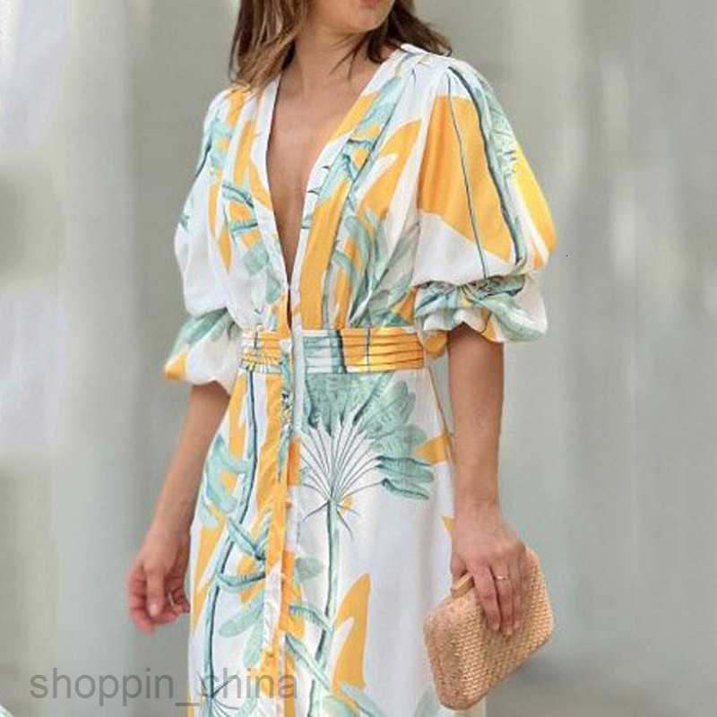 Basic Casual Women Dresses Women's Fashion V-neck Bubble Sleeves Wrapped Waist Printed Long Dress