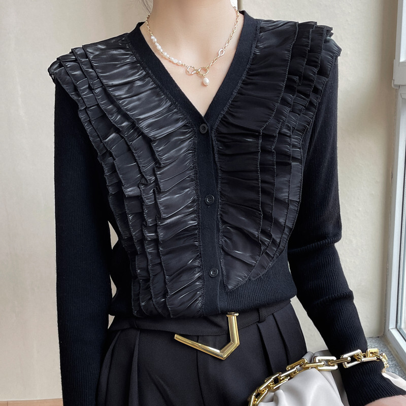 100 pure woolen women's loose V-neck base top black style small blouse organza peplum cashmere sweaterF6.28#64