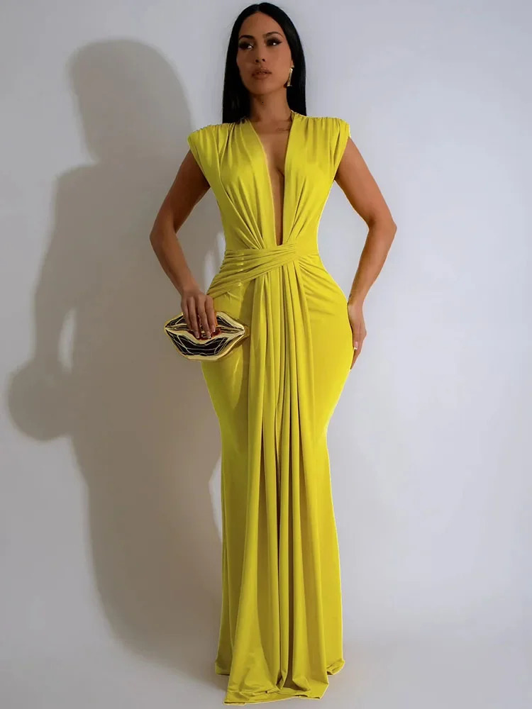 Elegant Ruched Bodycon Maxi Dresses for Women Birthday Night Party Evening Prom Deep Vneck Sheath Celebrity Formal Long Dress 240627