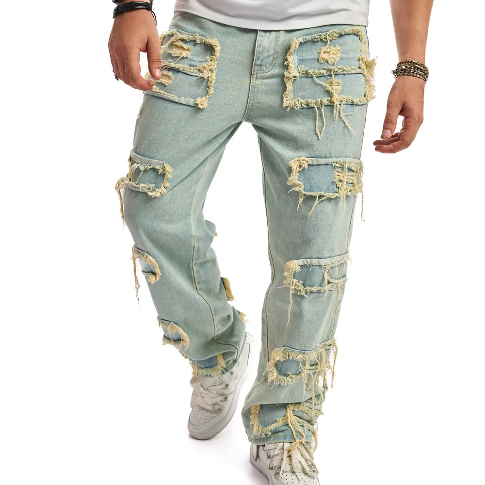 Retro Style Men Ripped Patch Splicing Motorcycle Loose Jeans Pants Male Solid Stylish Casual Straight Biker Denim Trousers 240619
