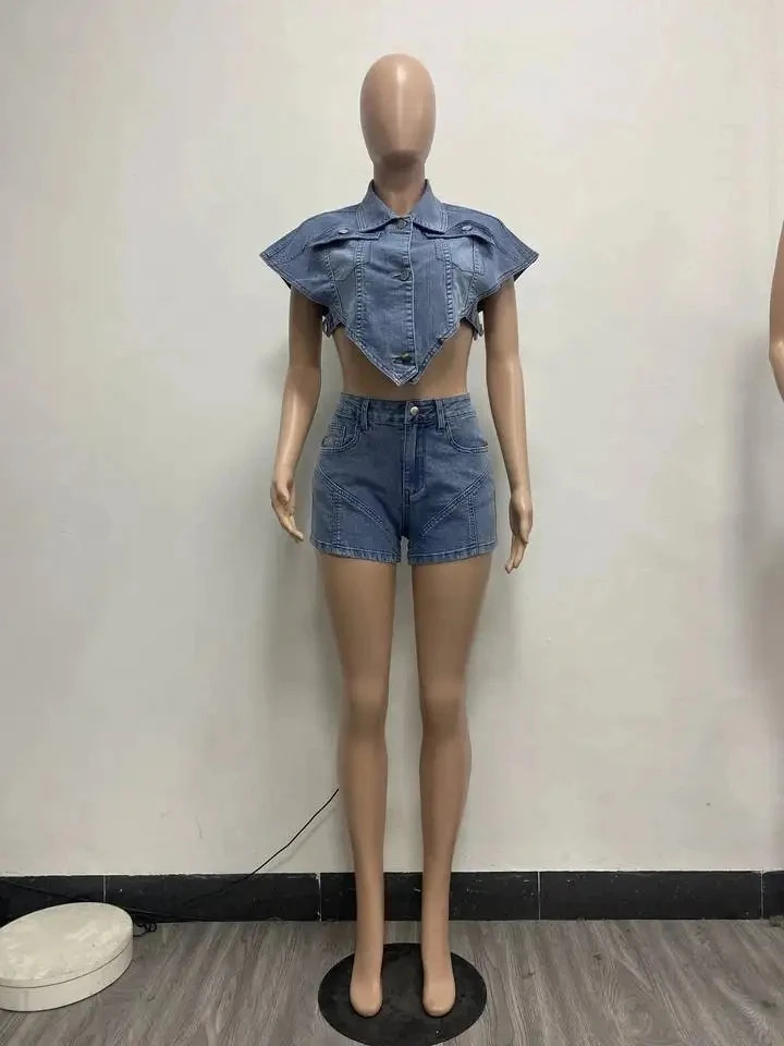 High Street Jeans Short Pants Outfit Set Sexy Women Elegant Two Pieces Denim Club Matching TopShorts 240627